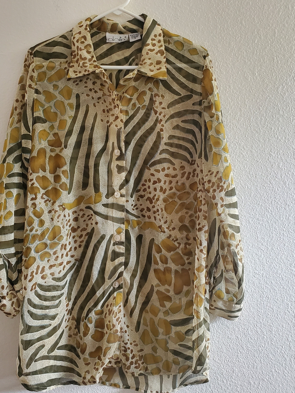 Lightweight Sheer Animal-Print Blouse in Olive & Mustard Size M